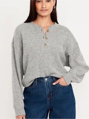 Old Navy Heathered Light Gray Waffle Knit Long Sleeve Henley M